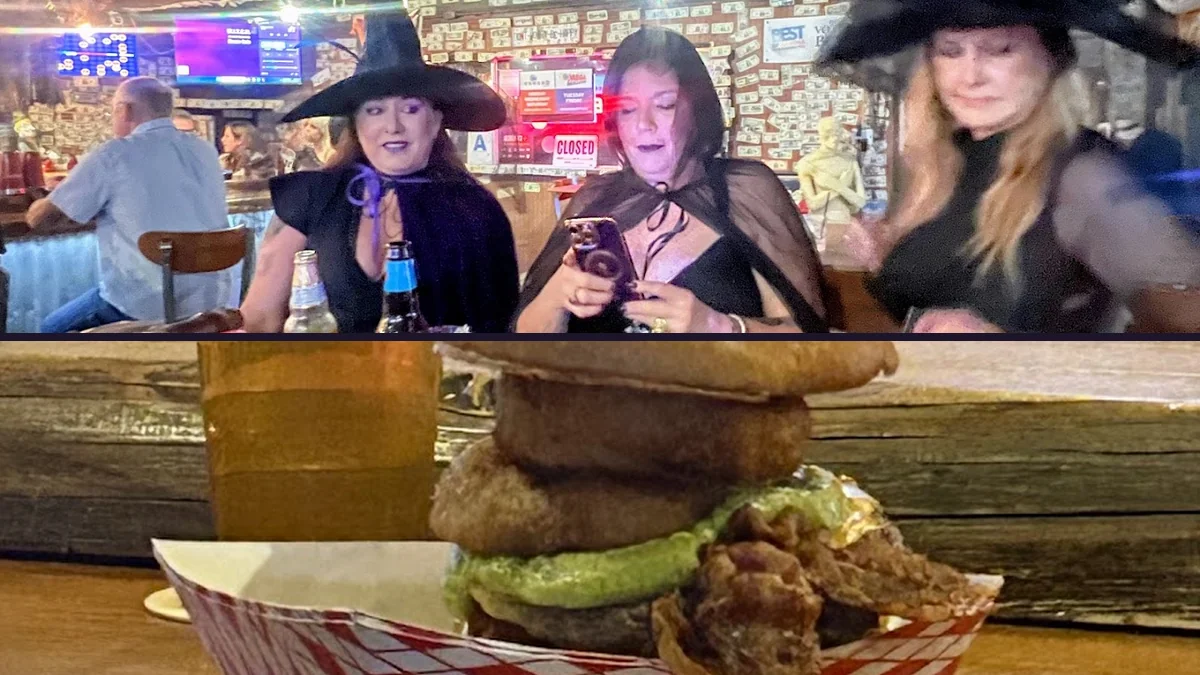 Warm lighting over burgers and beer glasses.