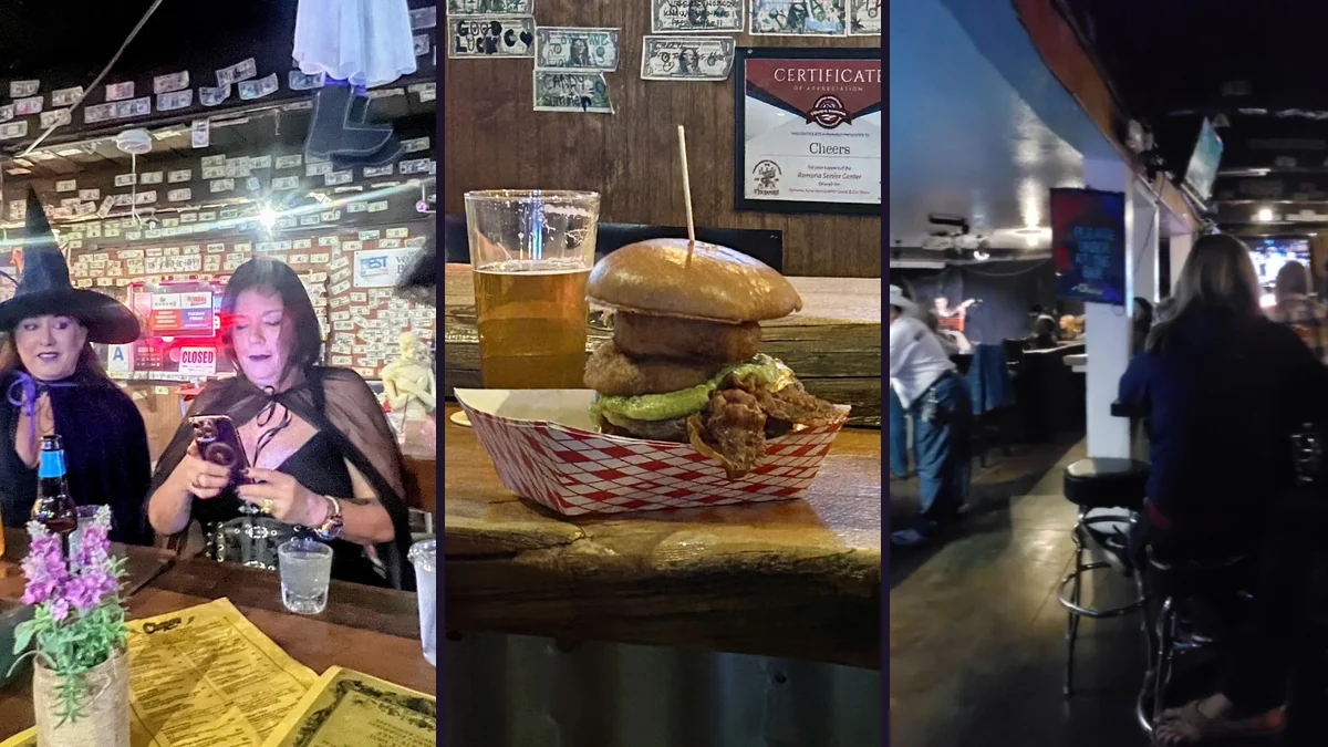 Warm lighting over burgers and beer glasses.